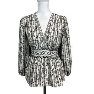 Max Studio Blouse size Extra Small Black Ivory Floral Peasant Boho Wedding Slim